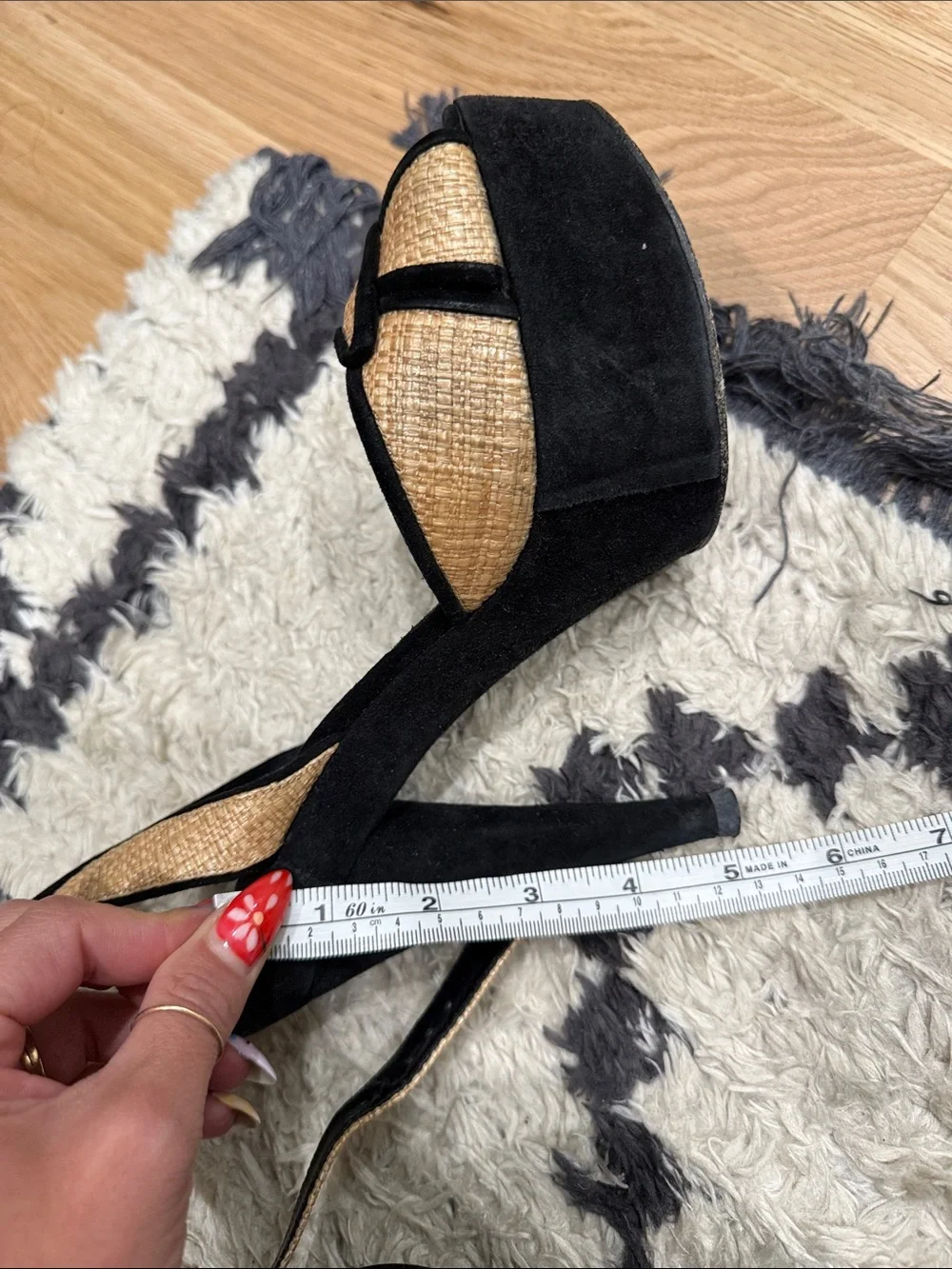 Authentic Fendi Beige Straw & Black Suede Ankle Strap Platform Sandals | Sz: 8